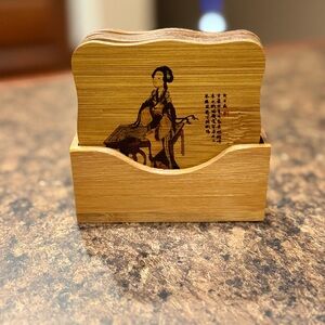 Bamboo Coaster Set with Asian Art